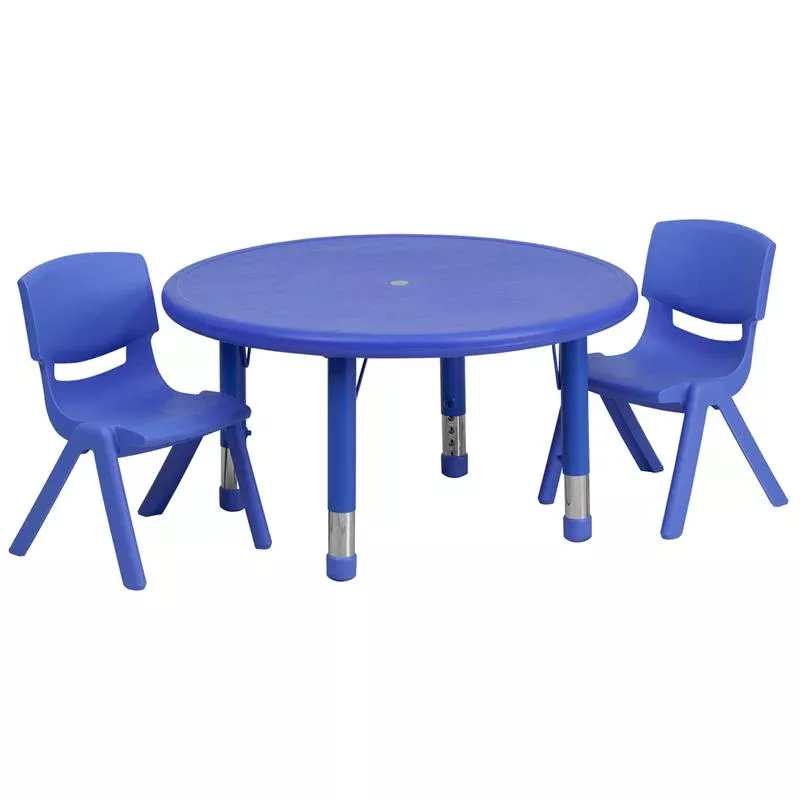 33'' Round Blue Plastic Height Adjustable Activity Table Set with 2 Chairs - Flash Furniture